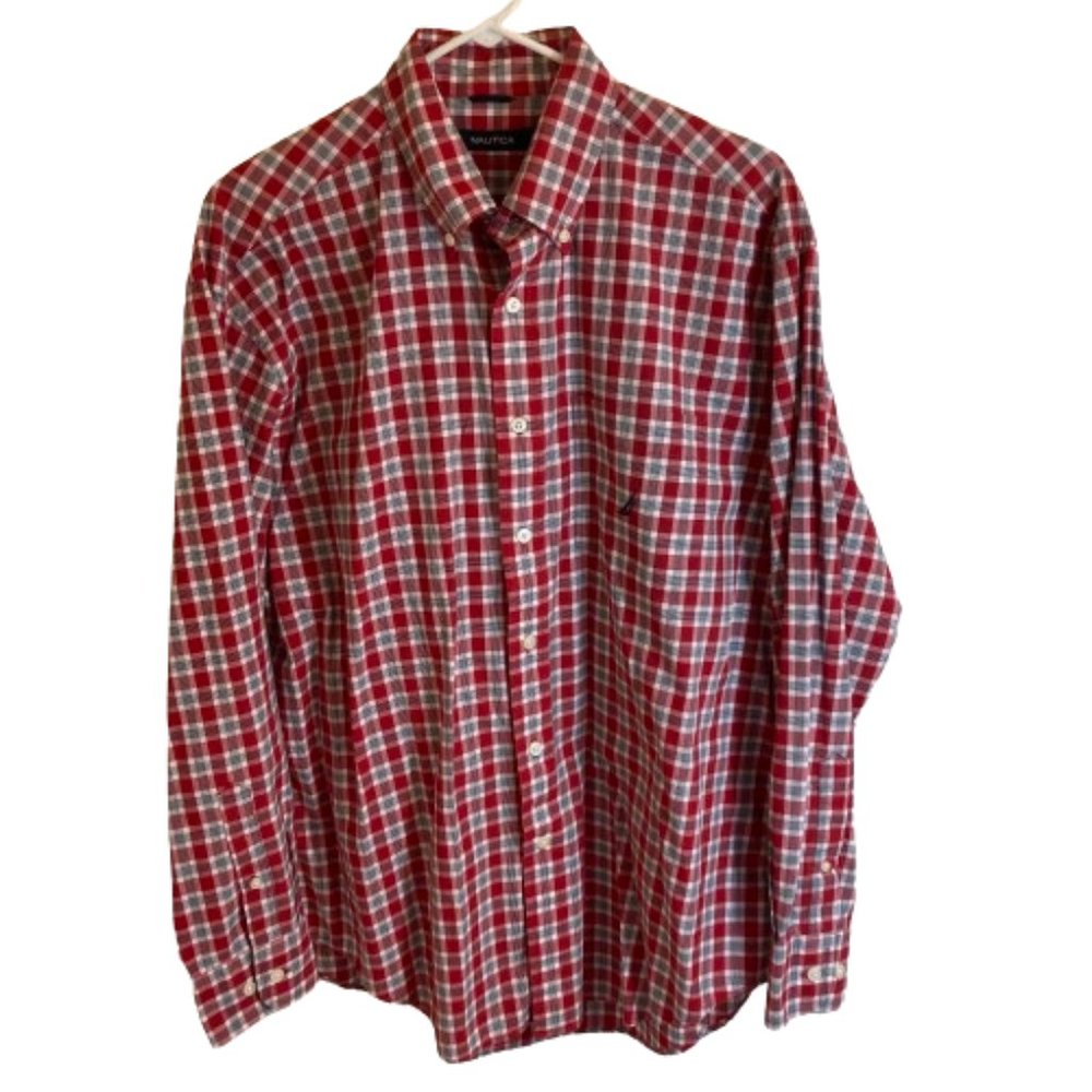 Nautica Men's Shirt, Red Plaid Button Down All Cotton Long Sleeve, EUC, Large